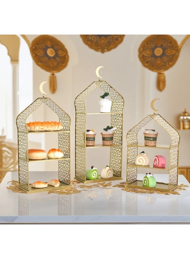 Ramadan Eid 3-Tier Dessert Stand, Gold Metal Cupcake Display Rack with Moon Design, Islamic Serving Tray for Pastries, Cookies, Fruits, Ideal for Ramadan, Eid, Wedding, Birthday, Home Decor, YB212 - Image 1